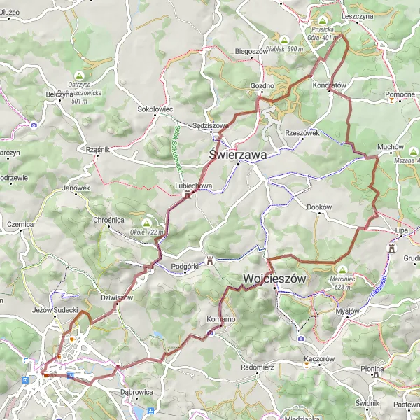 Miniatura mapy "Przejażdżka gravelowa przez Doliny i Wzgórza" - trasy rowerowej w Dolnośląskie, Poland. Wygenerowane przez planer tras rowerowych Tarmacs.app