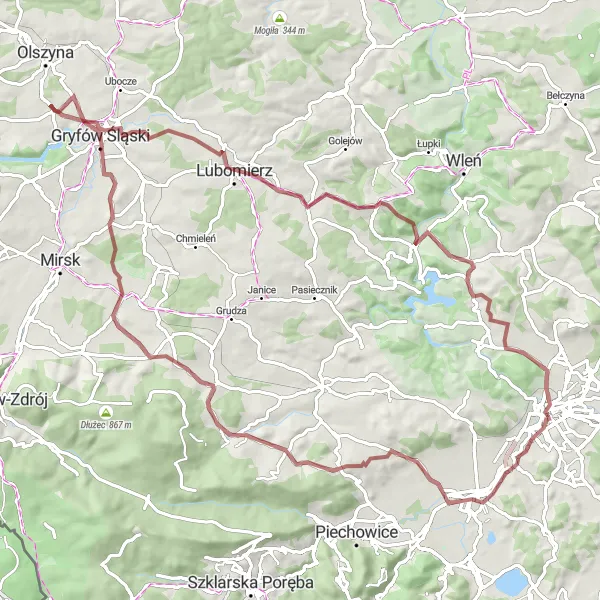 Miniatura mapy "Szlak Gravel Wojcieszyce-Rysianka" - trasy rowerowej w Dolnośląskie, Poland. Wygenerowane przez planer tras rowerowych Tarmacs.app