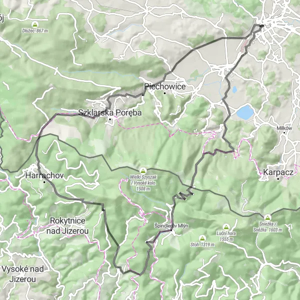 Miniatura mapy "Trasa przełęczami Karkonoszy" - trasy rowerowej w Dolnośląskie, Poland. Wygenerowane przez planer tras rowerowych Tarmacs.app