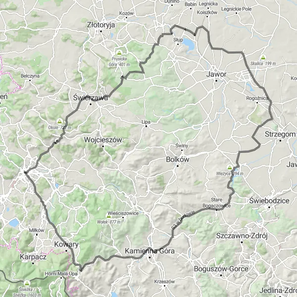 Miniatura mapy "Trasa Szosowa przez Kozią Górę i Wzgórze Wandy" - trasy rowerowej w Dolnośląskie, Poland. Wygenerowane przez planer tras rowerowych Tarmacs.app