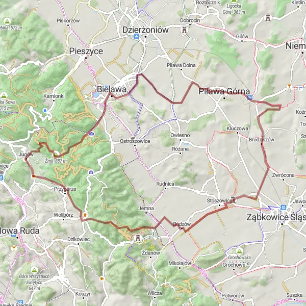 Map miniature of "Gravel Tour through Jugów's Surroundings" cycling inspiration in Dolnośląskie, Poland. Generated by Tarmacs.app cycling route planner