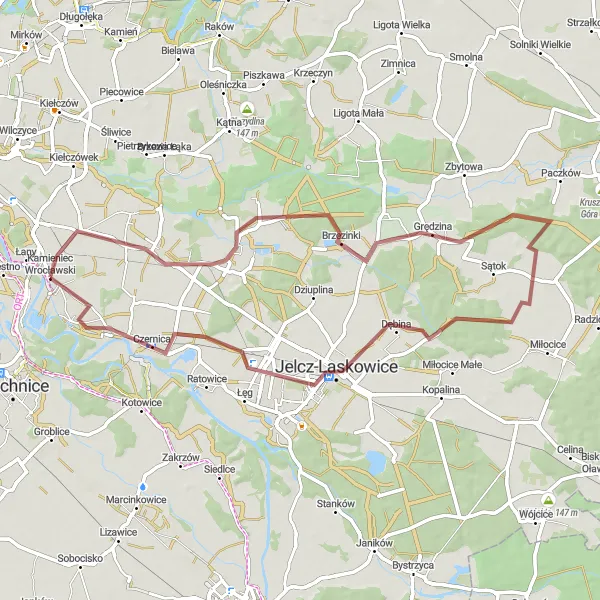 Map miniature of "Kamieniec Wrocławski Gravel Adventure" cycling inspiration in Dolnośląskie, Poland. Generated by Tarmacs.app cycling route planner