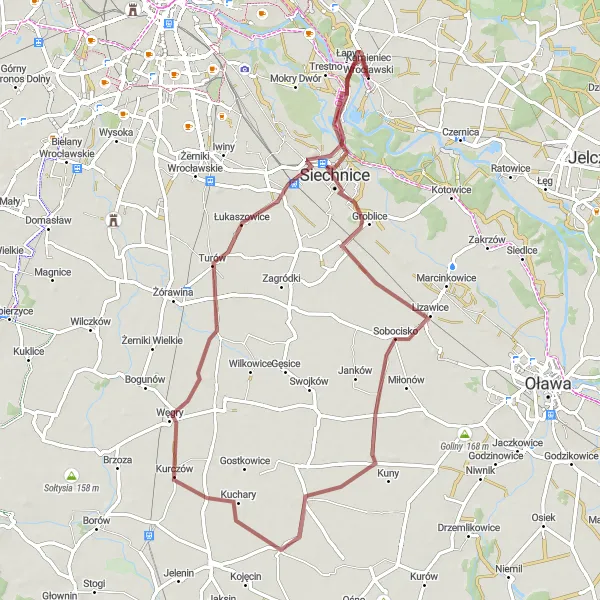 Map miniature of "Scenic Gravel Ride to Siechnice" cycling inspiration in Dolnośląskie, Poland. Generated by Tarmacs.app cycling route planner