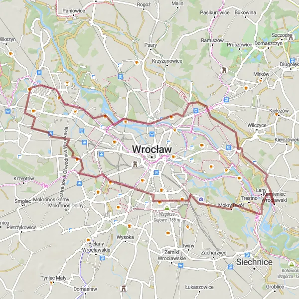 Map miniature of "Gravel Adventure through Kamieniec Wrocławski" cycling inspiration in Dolnośląskie, Poland. Generated by Tarmacs.app cycling route planner