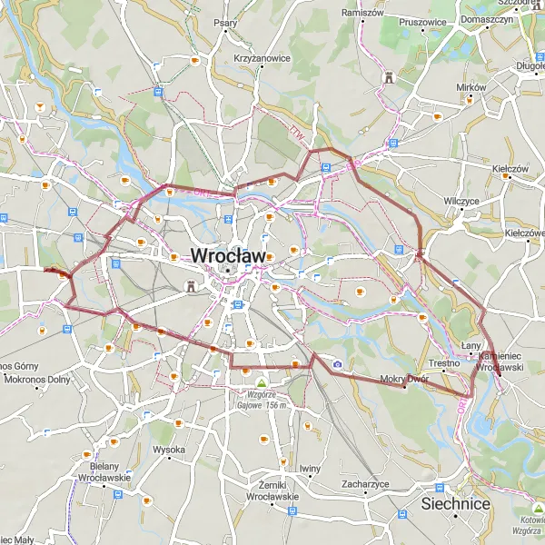 Map miniature of "Gravel Charm: Hilltops and Hidden Gems" cycling inspiration in Dolnośląskie, Poland. Generated by Tarmacs.app cycling route planner