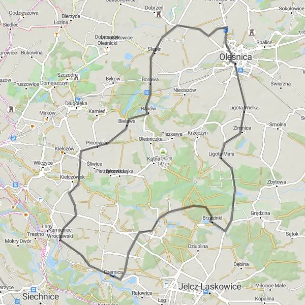 Map miniature of "Road Adrenaline: Villages and Tower Views" cycling inspiration in Dolnośląskie, Poland. Generated by Tarmacs.app cycling route planner