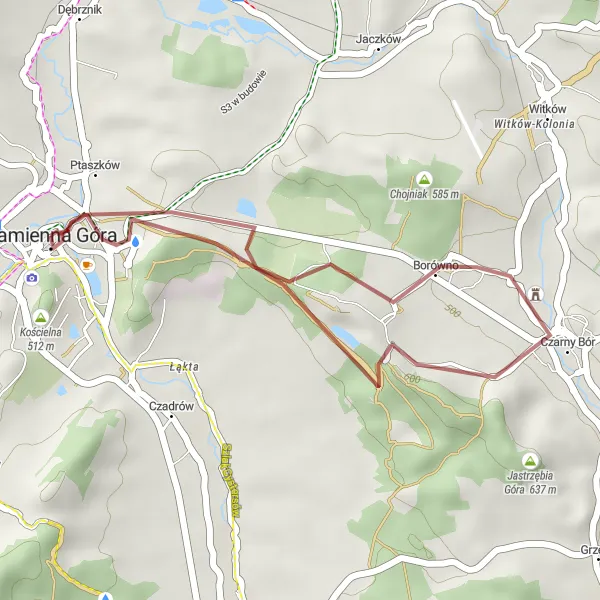 Map miniature of "Short Gravel Ride to Ruins and Natural Beauty" cycling inspiration in Dolnośląskie, Poland. Generated by Tarmacs.app cycling route planner