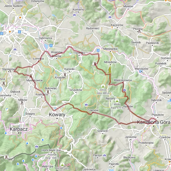 Map miniature of "Gravel Adventure in Kamienna Gora and Surroundings" cycling inspiration in Dolnośląskie, Poland. Generated by Tarmacs.app cycling route planner