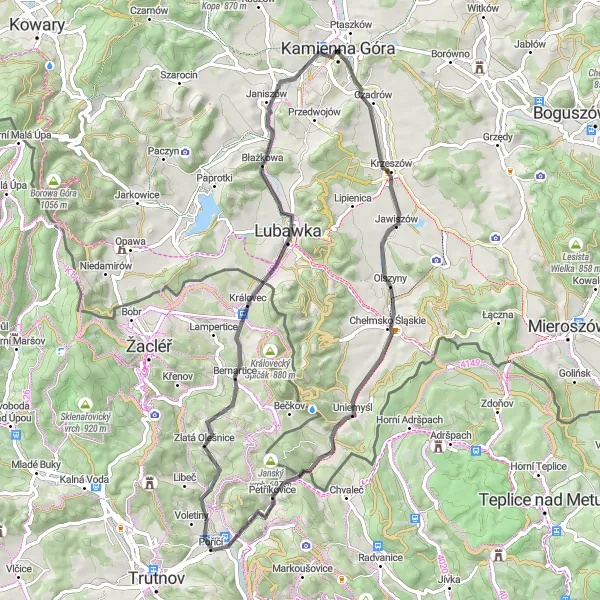 Map miniature of "Road Cycling Tour through Scenic Routes near Kamienna Gora" cycling inspiration in Dolnośląskie, Poland. Generated by Tarmacs.app cycling route planner