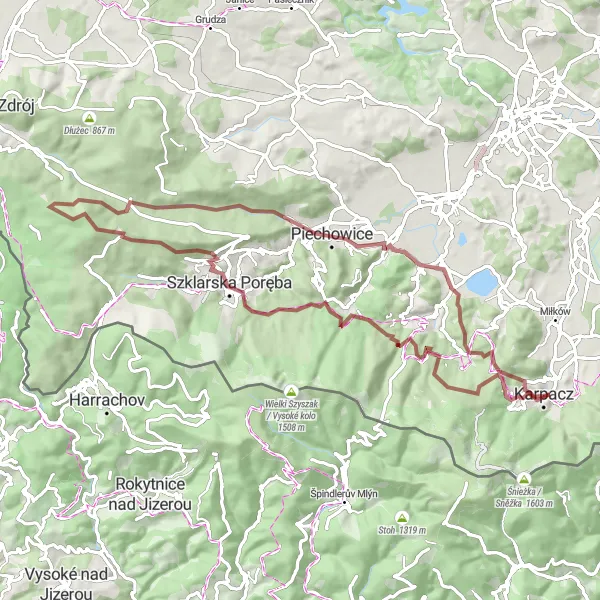 Map miniature of "The Gravel Challenge" cycling inspiration in Dolnośląskie, Poland. Generated by Tarmacs.app cycling route planner