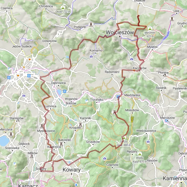 Map miniature of "Gravel Adventure in the Mountains" cycling inspiration in Dolnośląskie, Poland. Generated by Tarmacs.app cycling route planner