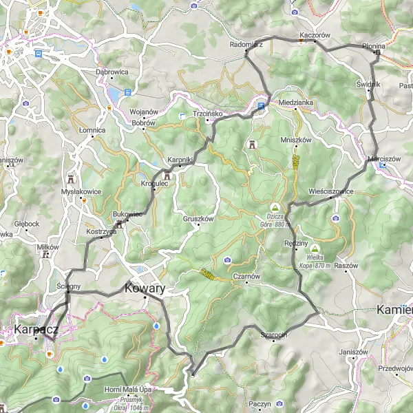 Miniatura mapy "Trasa rowerowa do Kowar przez Bukowiec i Płoninę" - trasy rowerowej w Dolnośląskie, Poland. Wygenerowane przez planer tras rowerowych Tarmacs.app