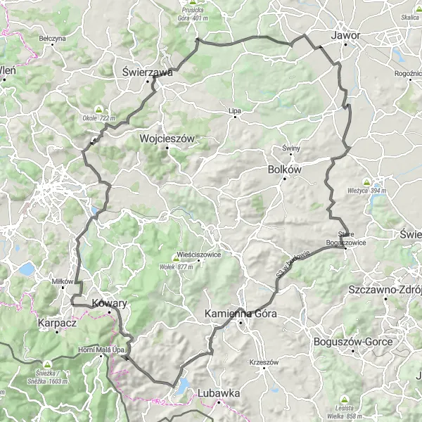 Map miniature of "Road Cycling Adventure in the Mountains" cycling inspiration in Dolnośląskie, Poland. Generated by Tarmacs.app cycling route planner