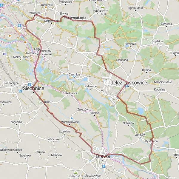 Miniatura mapy "Trasa gravelowa przez Brzezią Łąkę i Jelcz-Laskowice" - trasy rowerowej w Dolnośląskie, Poland. Wygenerowane przez planer tras rowerowych Tarmacs.app
