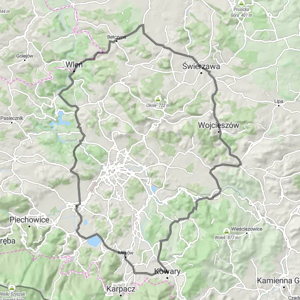 Map miniature of "Scenic Road Cycling from Kowary to Wieża Ciśnień" cycling inspiration in Dolnośląskie, Poland. Generated by Tarmacs.app cycling route planner