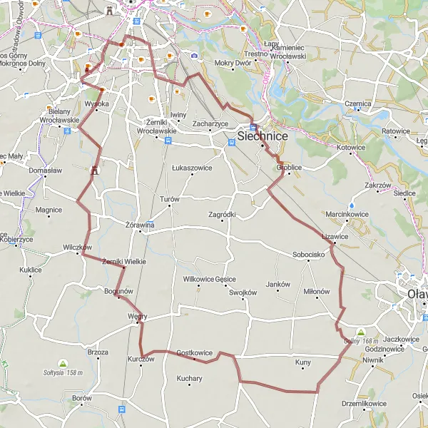 Miniatura mapy "Szlak gravelowy przez Wzgórze Andersa" - trasy rowerowej w Dolnośląskie, Poland. Wygenerowane przez planer tras rowerowych Tarmacs.app
