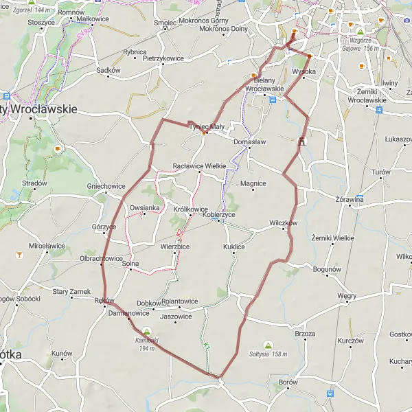 Map miniature of "Krzyki - Klecina Gravel Adventure" cycling inspiration in Dolnośląskie, Poland. Generated by Tarmacs.app cycling route planner