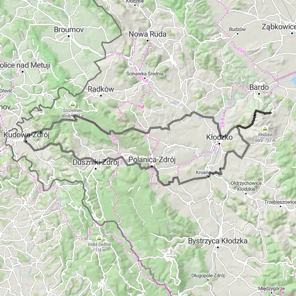 Map miniature of "Kudowa Road Cycling Route" cycling inspiration in Dolnośląskie, Poland. Generated by Tarmacs.app cycling route planner