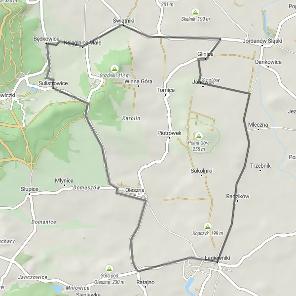 Miniatura mapy "Trasa przez Oleszyńskie Góry" - trasy rowerowej w Dolnośląskie, Poland. Wygenerowane przez planer tras rowerowych Tarmacs.app