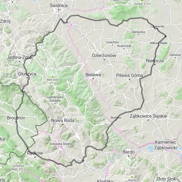 Miniatura mapy "Wielka trasa rowerowa przez Raszków i Jaźwinę (road)" - trasy rowerowej w Dolnośląskie, Poland. Wygenerowane przez planer tras rowerowych Tarmacs.app