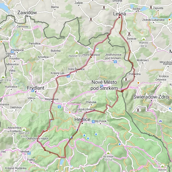 Map miniature of "Lesna Gravel Adventure" cycling inspiration in Dolnośląskie, Poland. Generated by Tarmacs.app cycling route planner