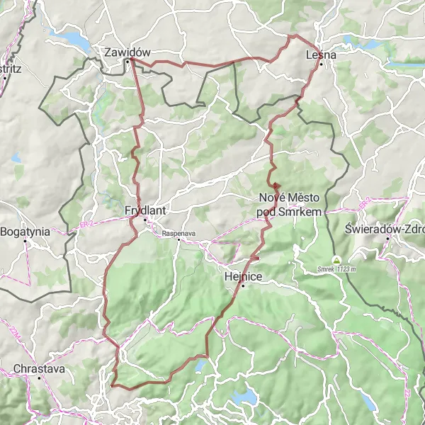 Miniatura mapy "Przejazd gravelowy w okolicach Leśnej" - trasy rowerowej w Dolnośląskie, Poland. Wygenerowane przez planer tras rowerowych Tarmacs.app