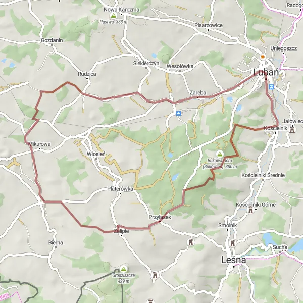 Miniatura mapy "Trasa gravelowa przez Kamienną Górę w okolicach Lubań" - trasy rowerowej w Dolnośląskie, Poland. Wygenerowane przez planer tras rowerowych Tarmacs.app