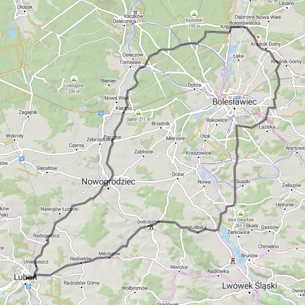 Miniatura mapy "Trasa poprzez Młyńską Górę i Mściszów w okolicach Lubań" - trasy rowerowej w Dolnośląskie, Poland. Wygenerowane przez planer tras rowerowych Tarmacs.app