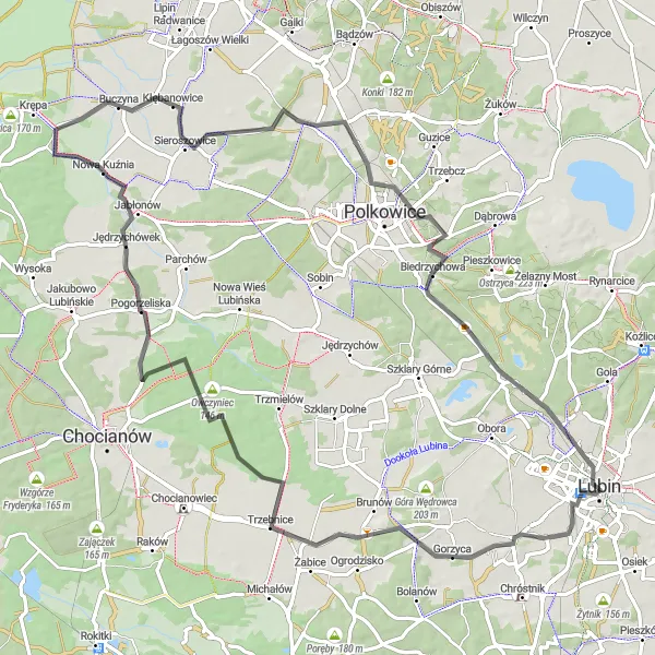 Map miniature of "Lubin Gravel Adventure" cycling inspiration in Dolnośląskie, Poland. Generated by Tarmacs.app cycling route planner