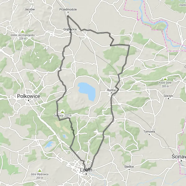 Map miniature of "Lubin Road Challenge" cycling inspiration in Dolnośląskie, Poland. Generated by Tarmacs.app cycling route planner