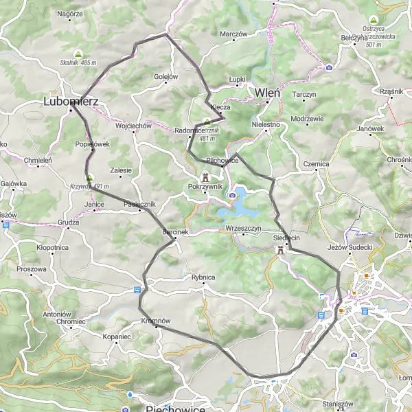 Map miniature of "Scenic Route through Picturesque Landscapes" cycling inspiration in Dolnośląskie, Poland. Generated by Tarmacs.app cycling route planner