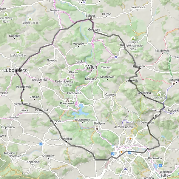 Map miniature of "Lubomierz Gravel Loop" cycling inspiration in Dolnośląskie, Poland. Generated by Tarmacs.app cycling route planner