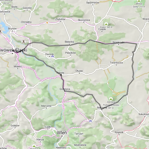 Map miniature of "The Proboszczow Loop" cycling inspiration in Dolnośląskie, Poland. Generated by Tarmacs.app cycling route planner