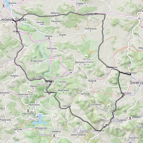 Miniatura mapy "Przez Wzgórza Doliny Oleśnicy" - trasy rowerowej w Dolnośląskie, Poland. Wygenerowane przez planer tras rowerowych Tarmacs.app