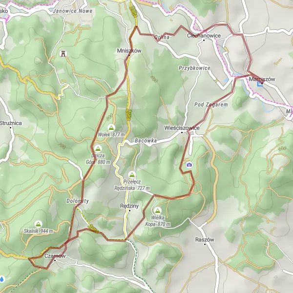 Map miniature of "Around Marciszów: Wieściszowice Circuit" cycling inspiration in Dolnośląskie, Poland. Generated by Tarmacs.app cycling route planner