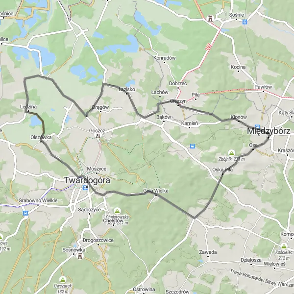 Map miniature of "Countryside Retreat to Nowa Wieś Goszczańska" cycling inspiration in Dolnośląskie, Poland. Generated by Tarmacs.app cycling route planner