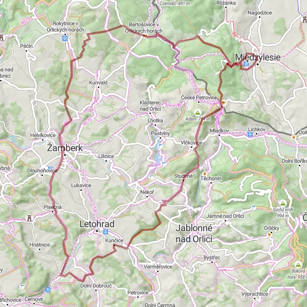 Miniatura mapy "Trasa Gravelowa: Międzylesie - Bartošovice v Orlických horách" - trasy rowerowej w Dolnośląskie, Poland. Wygenerowane przez planer tras rowerowych Tarmacs.app