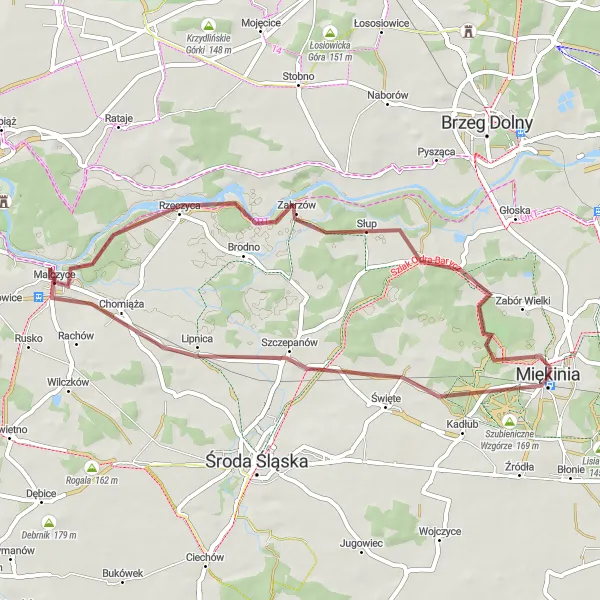 Map miniature of "Scenic Gravel Tour including Miękinia and Lubiatów" cycling inspiration in Dolnośląskie, Poland. Generated by Tarmacs.app cycling route planner