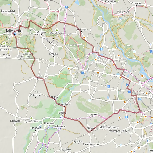 Map miniature of "Miękinia - Gałów Gravel Loop" cycling inspiration in Dolnośląskie, Poland. Generated by Tarmacs.app cycling route planner