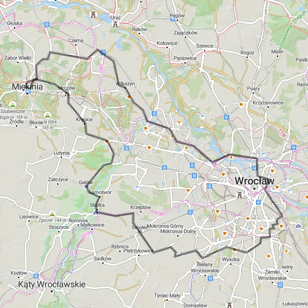 Map miniature of "Miękinia Loop" cycling inspiration in Dolnośląskie, Poland. Generated by Tarmacs.app cycling route planner