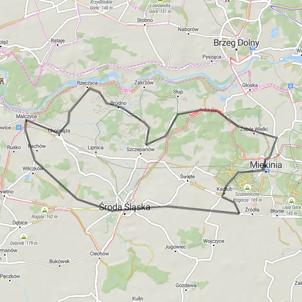 Map miniature of "Miękinia - Środa Śląska Loop" cycling inspiration in Dolnośląskie, Poland. Generated by Tarmacs.app cycling route planner