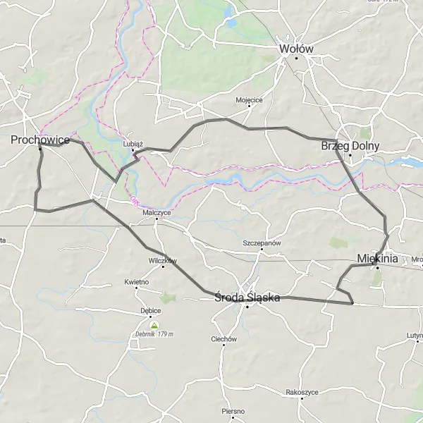 Map miniature of "Challenging Road Cycling Route to Środa Śląska and Naborów" cycling inspiration in Dolnośląskie, Poland. Generated by Tarmacs.app cycling route planner