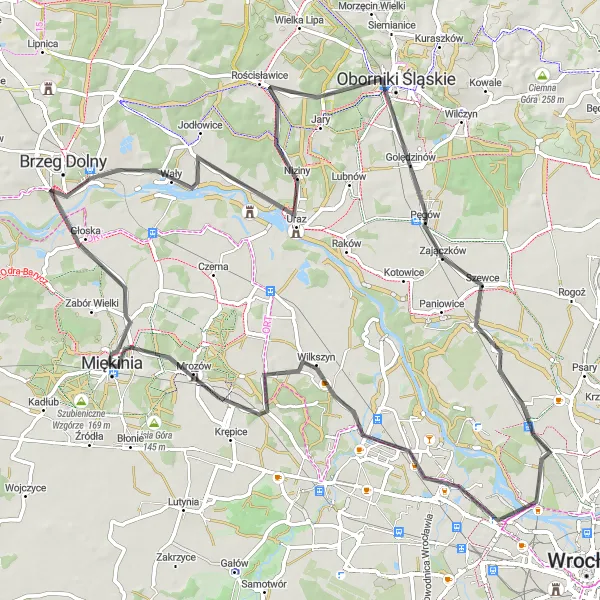Map miniature of "Challenging Road Cycling Adventure to Oborniki Śląskie and Wilkszyn" cycling inspiration in Dolnośląskie, Poland. Generated by Tarmacs.app cycling route planner