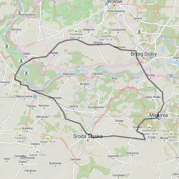 Map miniature of "Road Cycling Adventure to Głoska and Słota" cycling inspiration in Dolnośląskie, Poland. Generated by Tarmacs.app cycling route planner