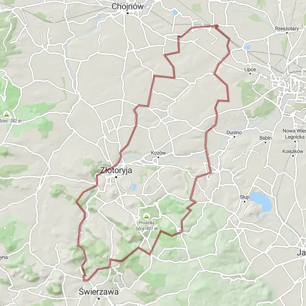Map miniature of "The Challenging Circuit to Złotoryja" cycling inspiration in Dolnośląskie, Poland. Generated by Tarmacs.app cycling route planner