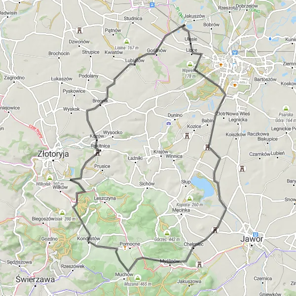 Map miniature of "Miłkowice Hill Challenge" cycling inspiration in Dolnośląskie, Poland. Generated by Tarmacs.app cycling route planner