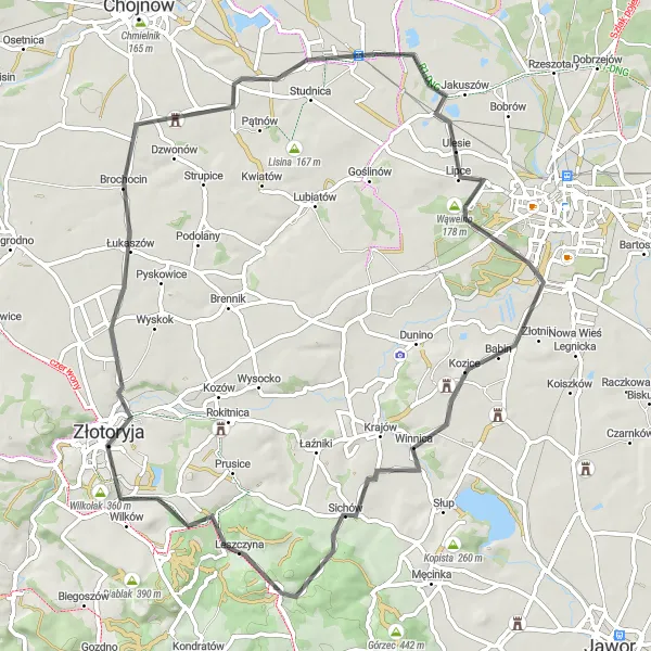 Map miniature of "Countryside Road Escape" cycling inspiration in Dolnośląskie, Poland. Generated by Tarmacs.app cycling route planner