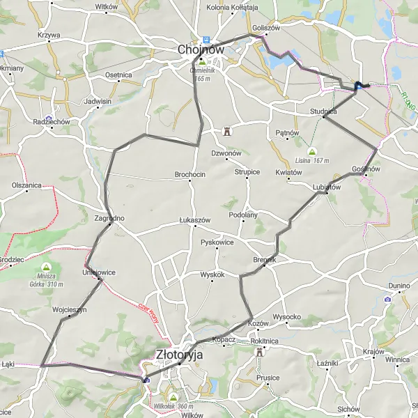 Map miniature of "The Road Trip through Góry Kaczawskie" cycling inspiration in Dolnośląskie, Poland. Generated by Tarmacs.app cycling route planner