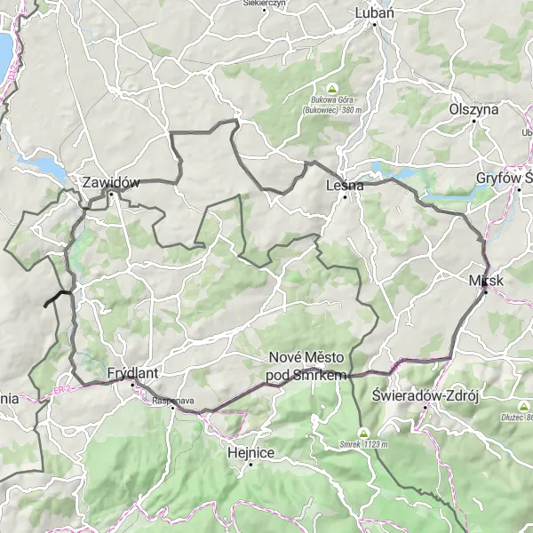 Map miniature of "Road Cycling from Mirsk to Zawidów" cycling inspiration in Dolnośląskie, Poland. Generated by Tarmacs.app cycling route planner