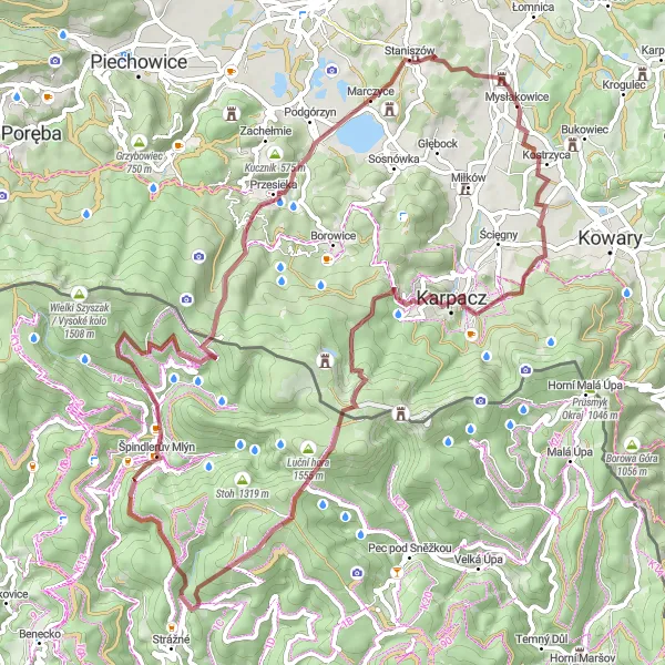 Map miniature of "The Gravel Adventure" cycling inspiration in Dolnośląskie, Poland. Generated by Tarmacs.app cycling route planner